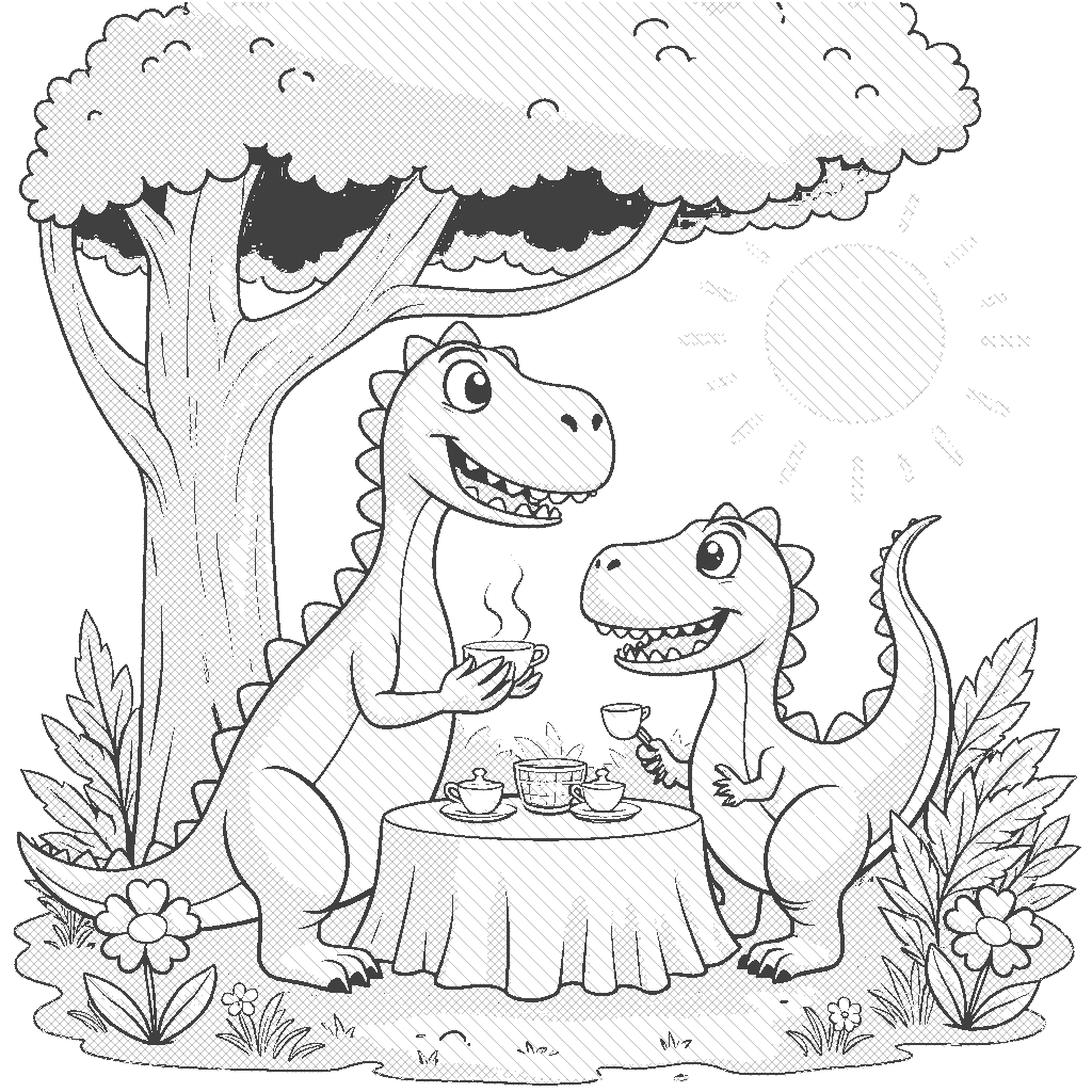 Coloring Page: Dinosaur Tea Party - A playful scene where a cheerful T-Rex and a gentle Brachiosaurus are having a tea party under a giant prehistoric tree, surrounded by colorful flowers and ferns.