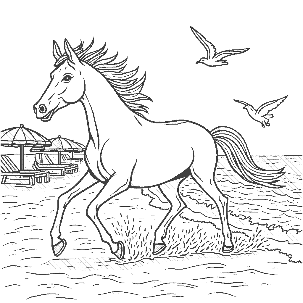 Coloring Page: The Horse on the Beach - A beautiful horse galloping along a sandy beach with the ocean waves crashing in the background. Seagulls soar overhead and colorful beach umbrellas dot the shore.