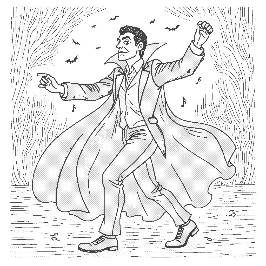 Coloring Page: Dracula’s Dance - A charming vampire in a classic cape, dancing under a disco ball in a secret underground lair. The scene is vibrant with flashes of red, black, and purple, and rocky walls adorned with carved bats and skulls.