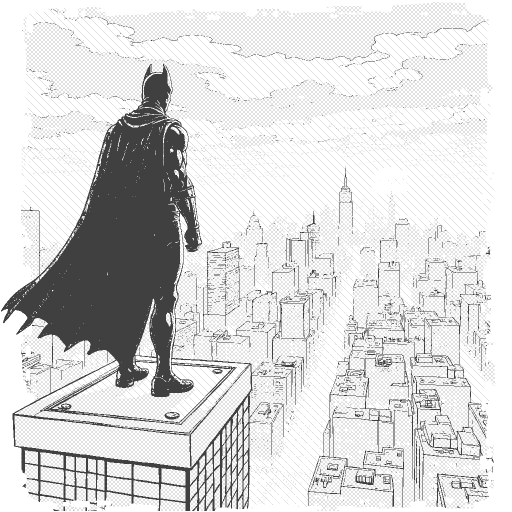 Coloring Page: City Guardian at Dusk - A heroic figure dressed in a dark costume stands on the edge of a skyscraper, overlooking the shimmering city lights at dusk, ready to protect the innocent below.