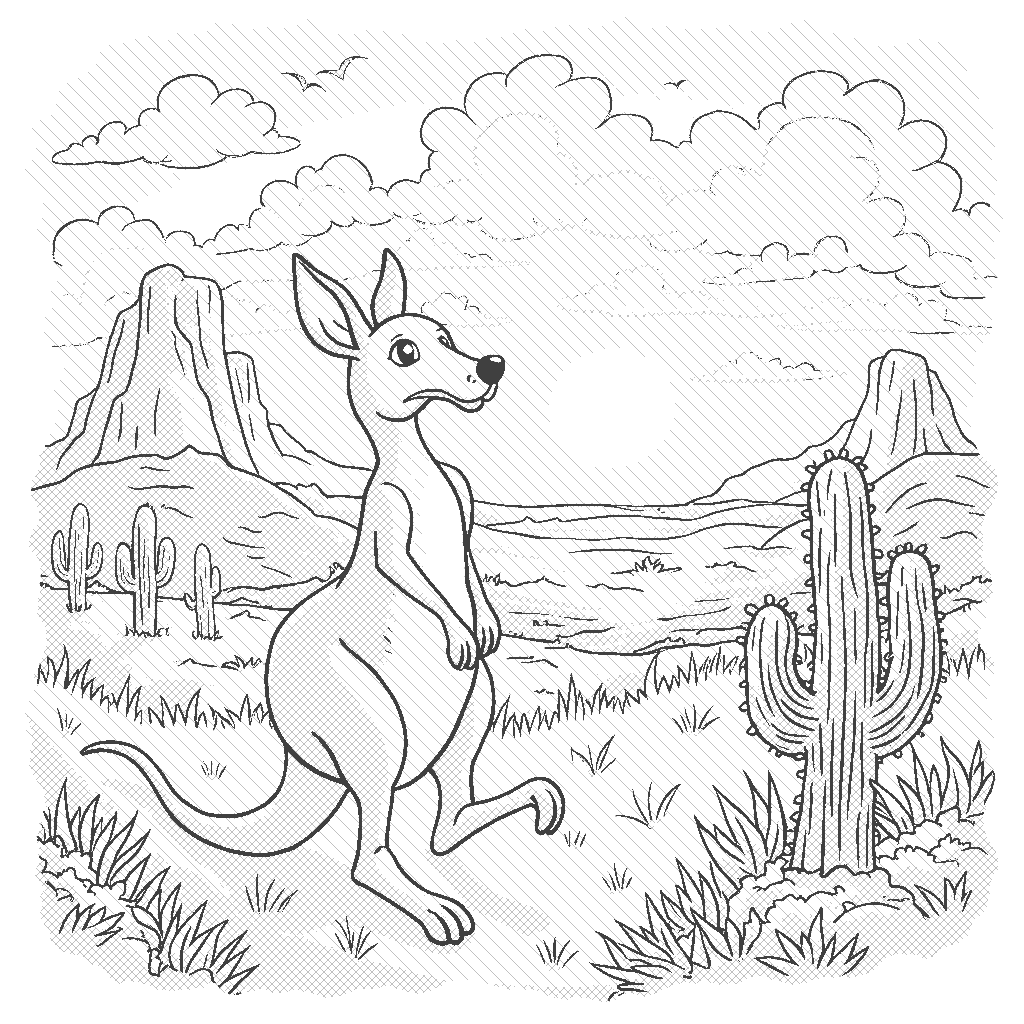 Coloring Page: Kangaroo Hop through the Outback - A kangaroo hops across the grassy outback, with a stunning sunset in the background and a few cacti dotting the landscape.