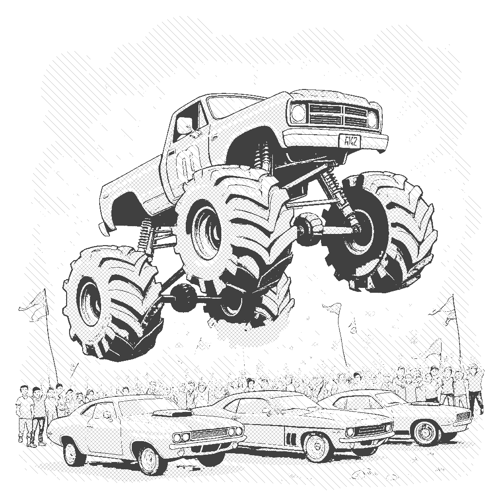 Coloring Page: Monster Truck Rally - A giant monster truck doing a dramatic jump over a row of cars at a lively monster truck rally. The crowd is cheering, and colorful lights are flashing. The excitement in the air is palpable with flags waving and sparks flying.