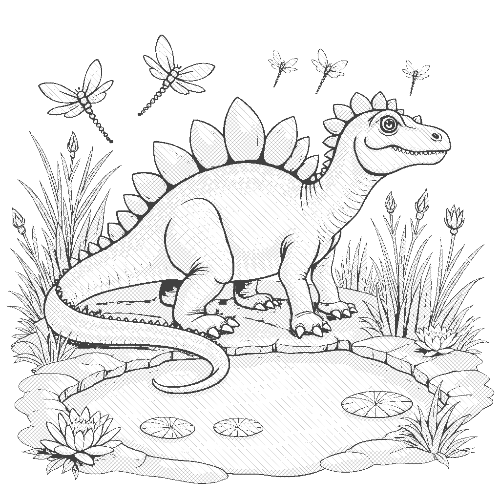 Coloring Page: Ankylosaurus Armor - An Ankylosaurus showcasing its impressive armor while resting beside a sparkling pond, with dragonflies buzzing around and lily pads floating on the water.