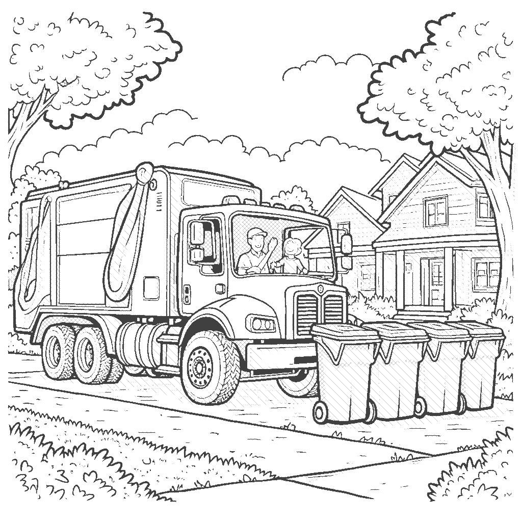 Coloring Page: Garbage Truck Day - A garbage truck is making its rounds on a suburban street, while children wave from their front yards, examining the colorful recycling bins.