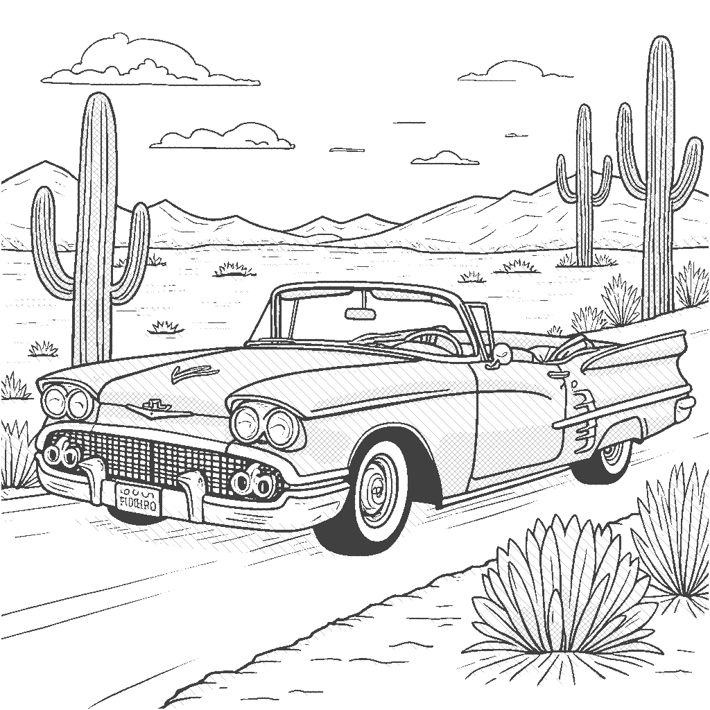 Coloring Page: Desert Journey - A classic convertible cruising through a colorful desert landscape with cactus plants and a sunset dripping with reds and oranges.