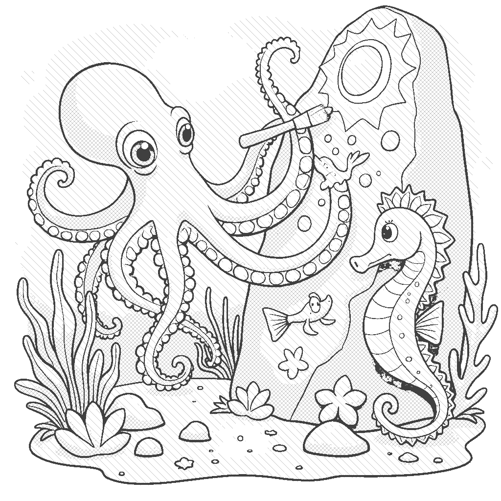 Coloring Page: Octopus Artistry - An octopus uses its tentacles to paint a vibrant ocean mural on a large sea rock, while a surprised seahorse watches nearby, admiring the artwork.