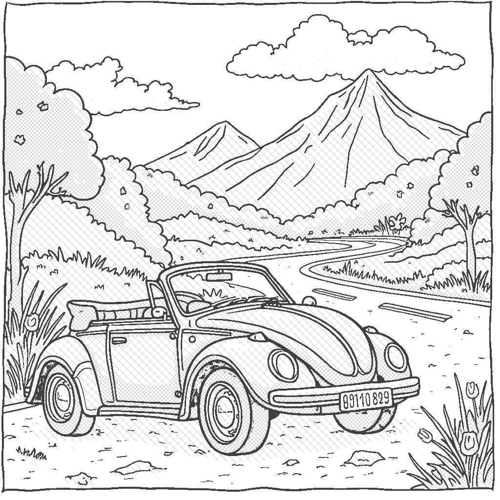 Coloring Page: Convertible by the Roadside - A bright convertible is parked by the roadside, with a scenic view of a mountain range in the background and flowers blooming along the road.