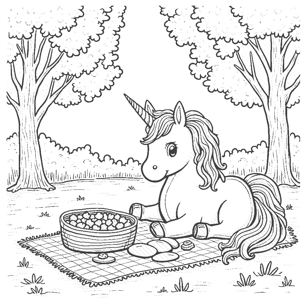 Coloring Page: Unicorn Picnic in the Park - A cheerful unicorn having a picnic with woodland creatures, with a colorful blanket and an array of fruits and flowers laid out.