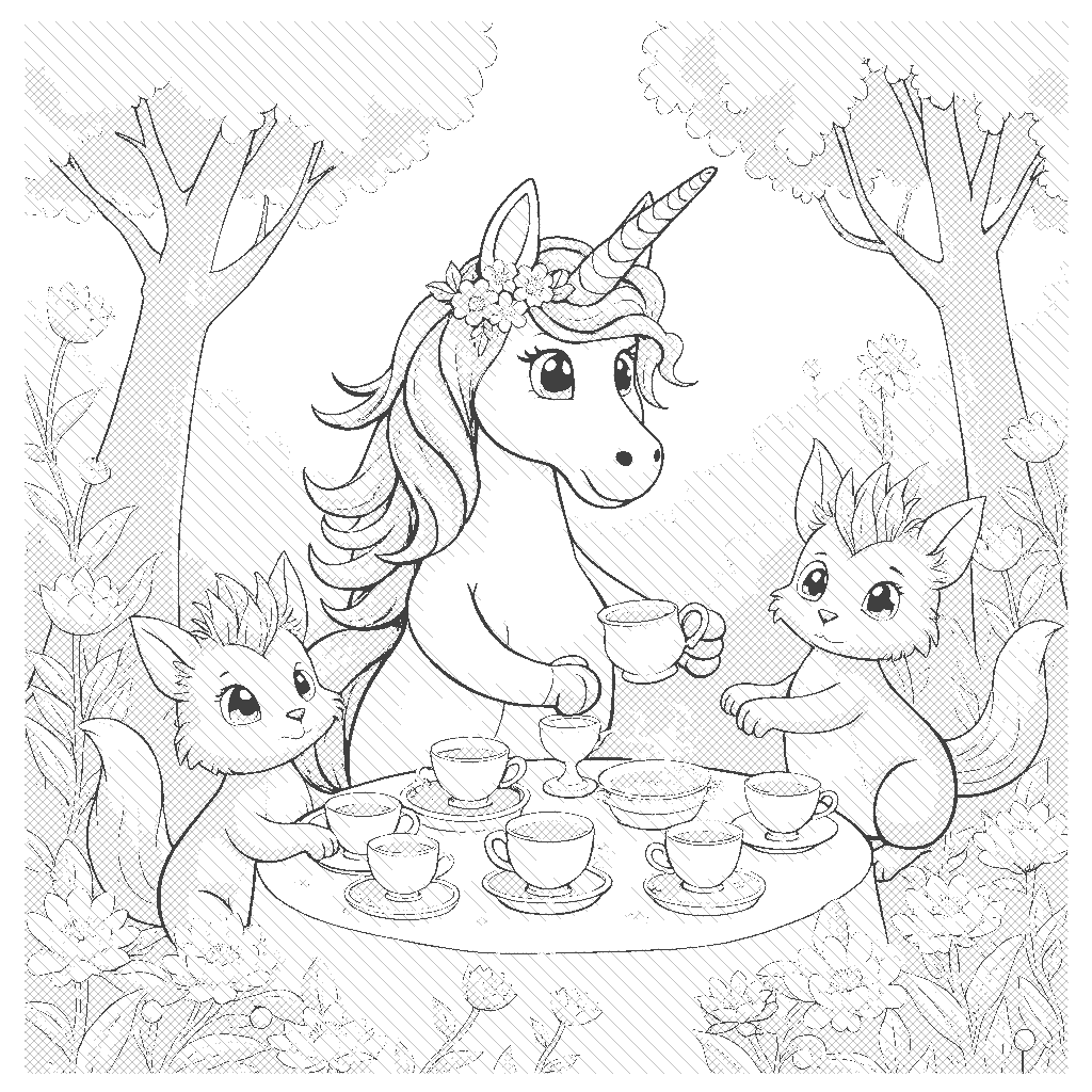 Coloring Page: Unicorn Tea Party - A whimsical scene depicting a unicorn hosting a tea party in a magical garden. The unicorn, adorned with a flower crown, is pouring tea into delicate cups surrounded by friendly woodland creatures. Lush flowers and trees provide a colorful backdrop.