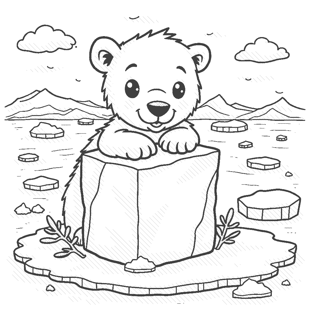 Coloring Page: Polar Bear Playtime - A curious polar bear cub peeking out from behind a large ice cube, with a playful expression. The vast icy tundra stretches in the background, showcasing the beauty of the Arctic.