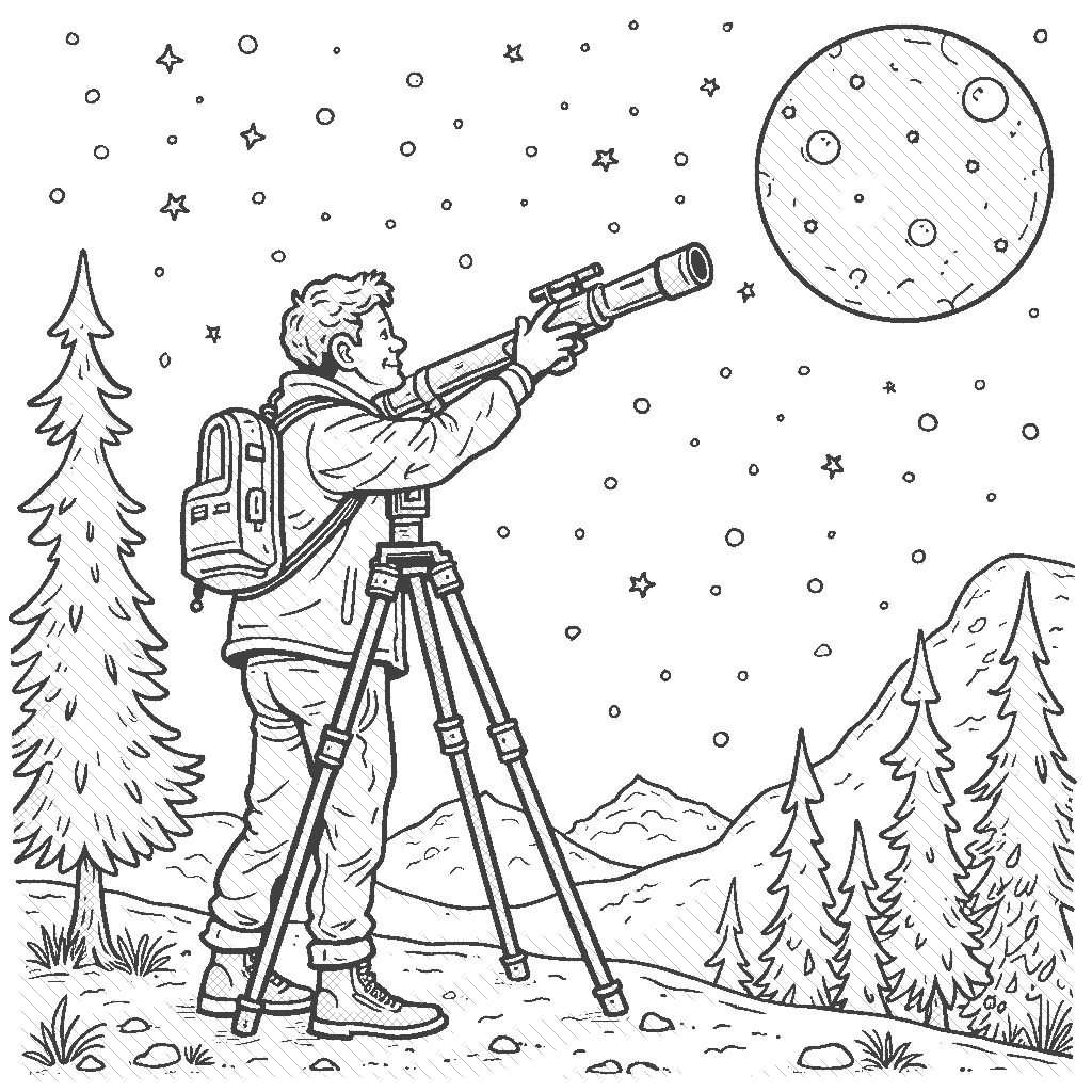 Coloring Page: Astronomer Stargazing - An astronomer is looking through a telescope at the stars on a clear night, with constellations sparkling in the sky.