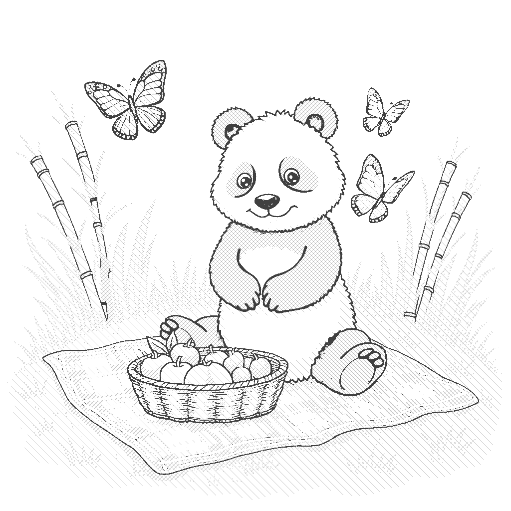 Coloring Page: Panda Picnic - A panda is sitting on a grassy hill, surrounded by a picnic blanket filled with bamboo snacks and fruits. A couple of butterflies flutter around as the panda happily enjoys the sunny day.