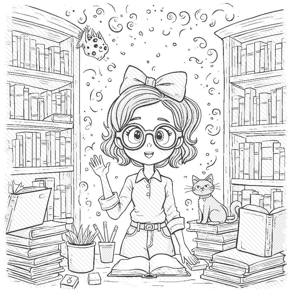 Coloring Page: The Librarian's Enchanted Library - A whimsical scene inside a library where a librarian, wearing oversized glasses, is organizing floating books that seem to have minds of their own. She is surrounded by magical swirling dust and a talking cat peeking from behind a shelf.