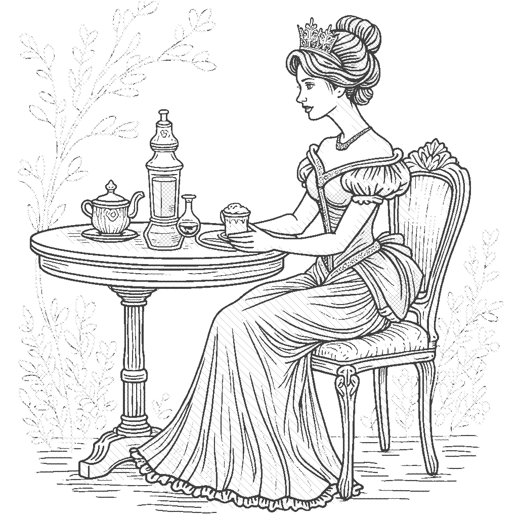 Coloring Page: Victorian Princess - An elegant Victorian princess sitting at a beautiful garden tea party with heart-shaped decor and pastel colors.