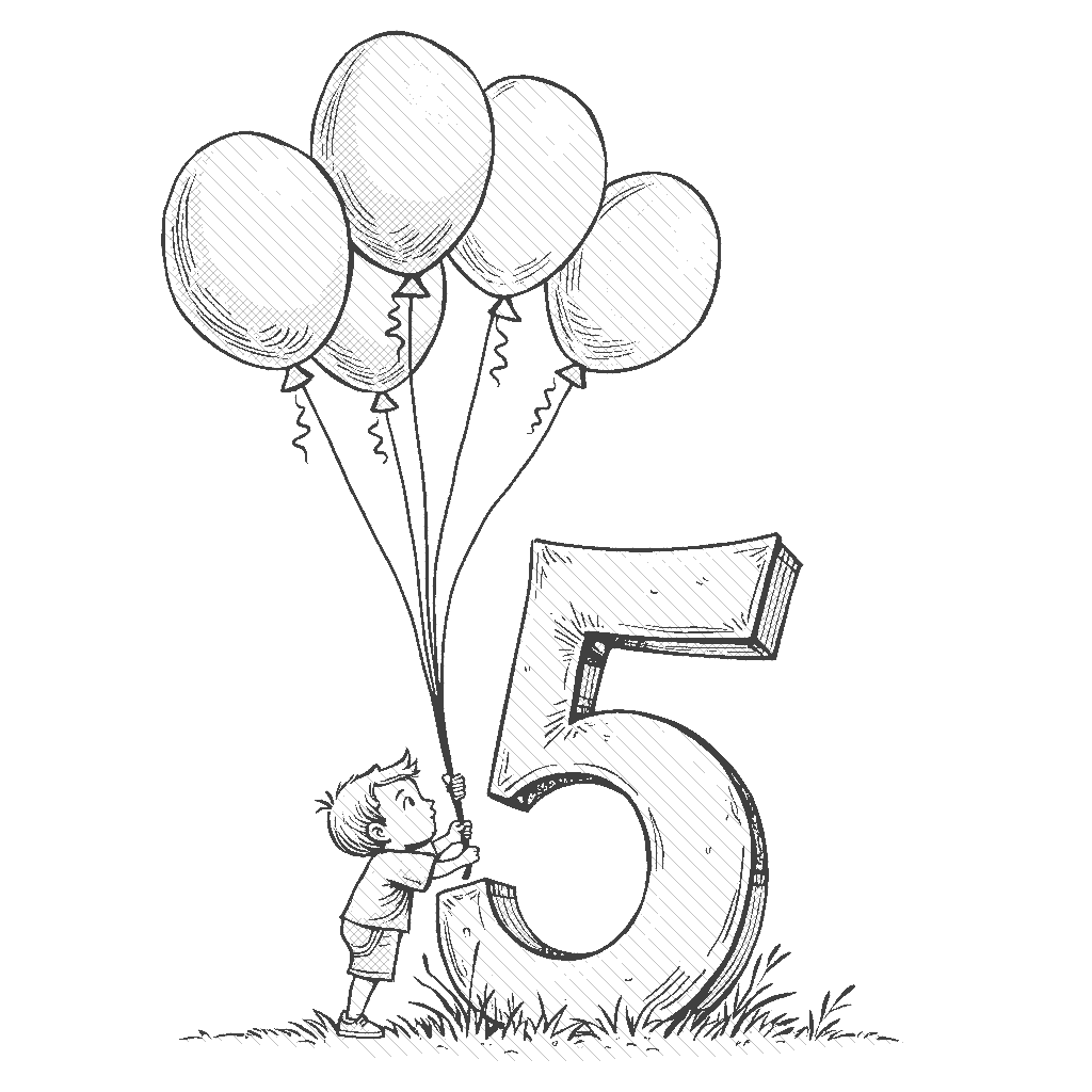 Coloring Page: Number 5 with five balloons - Draw the number 5 buoyed by five colorful balloons floating above it. Incorporate a happy child holding onto the balloons, looking up in amazement.