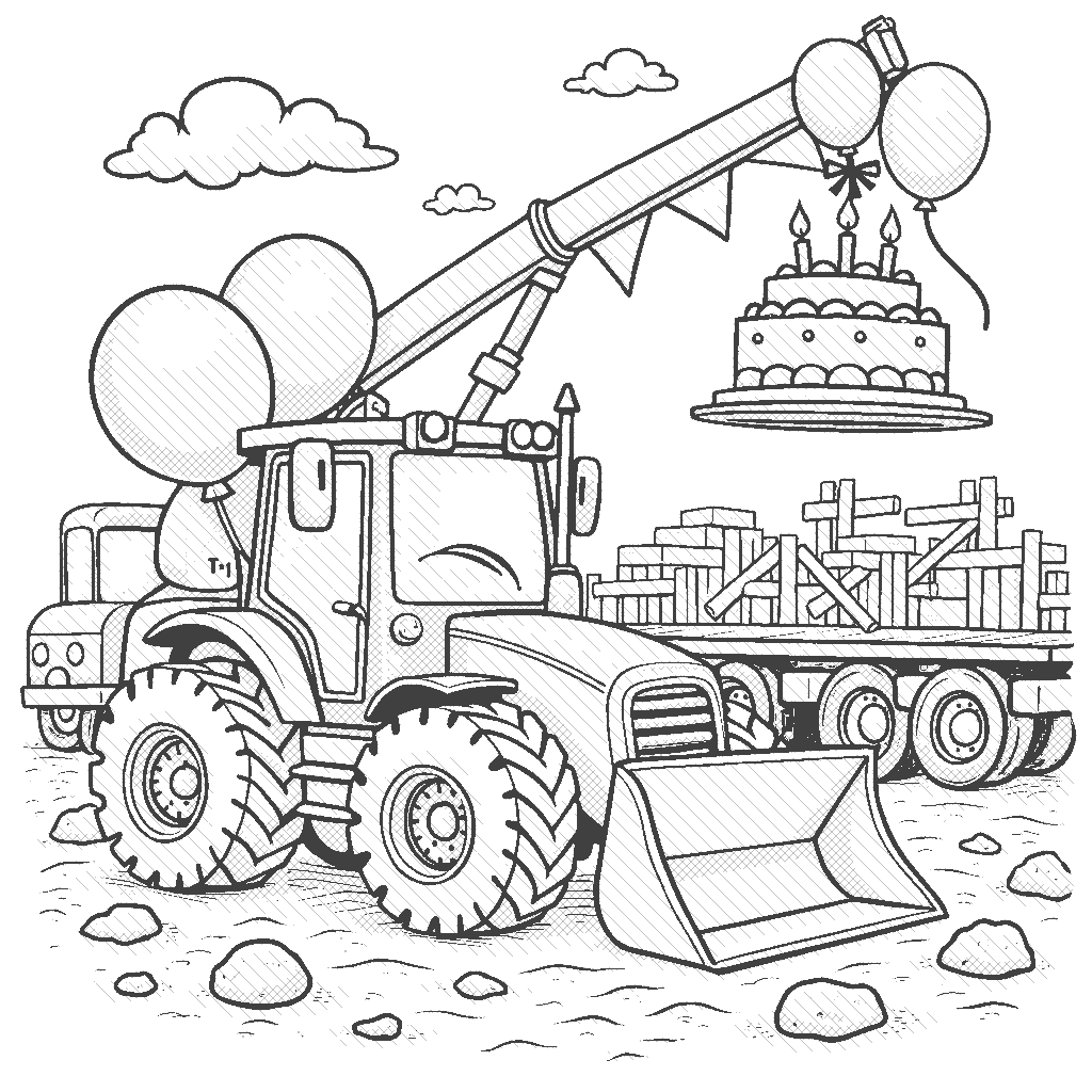 Coloring Page: Bulldozer's Birthday Bash - A bulldozer decorated with balloons and streamers is parked in a construction site, while a small crane brings in a large birthday cake on a flatbed truck.