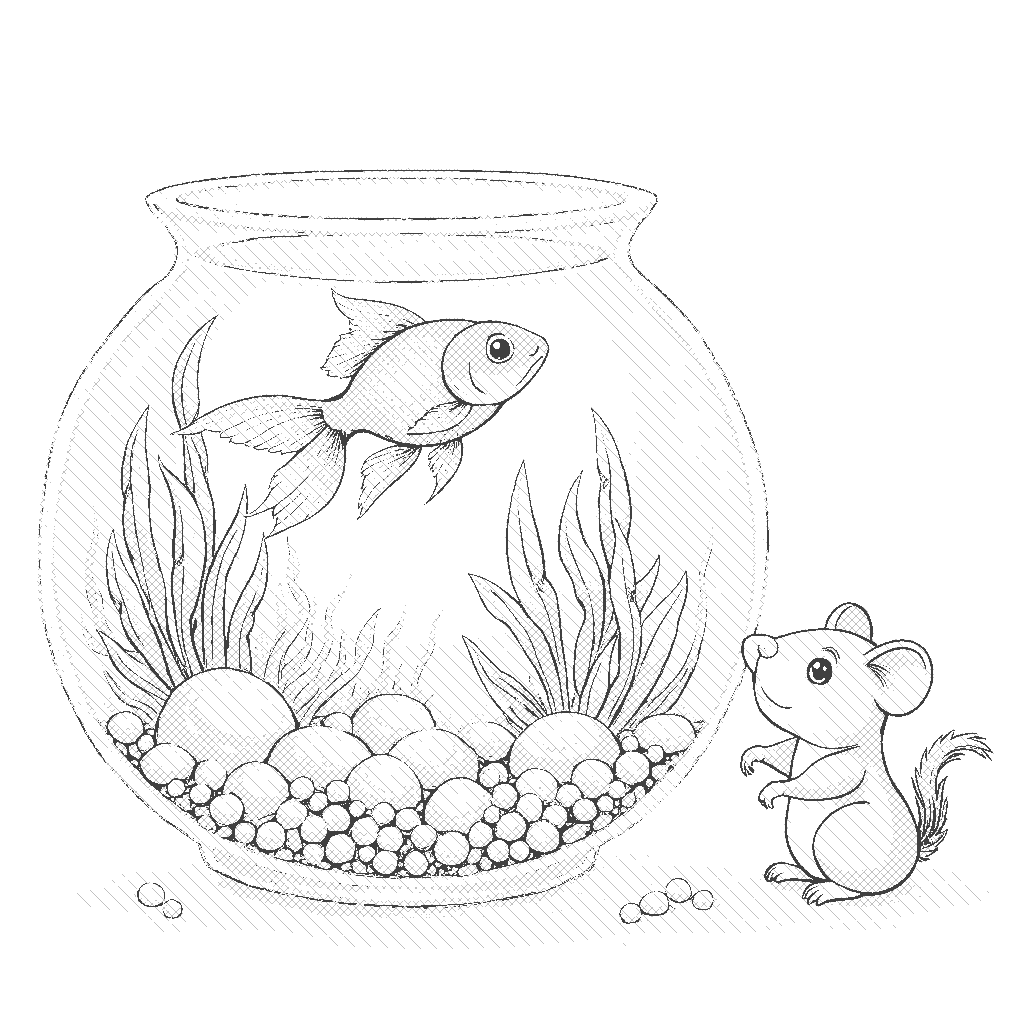 Coloring Page: Goldfish in a Bowl - A goldfish swimming in a decorated fishbowl with colorful pebbles and plants, while a curious hamster watches from the side.