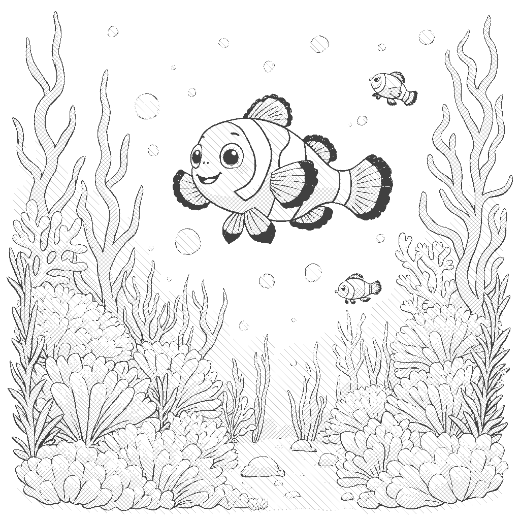 Coloring Page: Clownfish Coral Reef - A lively clownfish swims playfully through a vibrant coral reef, surrounded by colorful fish, anemones, and bubbles. The scene captures the beauty and excitement of underwater life.