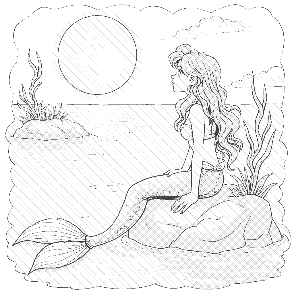 Coloring Page: Mermaid and the Moonlight - A curious mermaid is sitting on a rock, gazing up at a glowing full moon reflected on the surface of the water, with gentle waves around her.