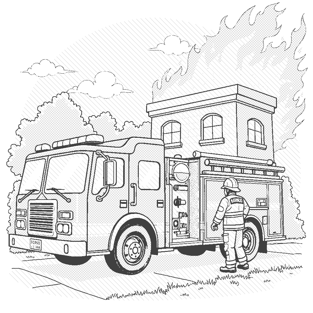 Coloring Page: Fire Engine Rescue - A bright red fire engine parked in front of a burning building, with a firefighter getting ready to spray water.