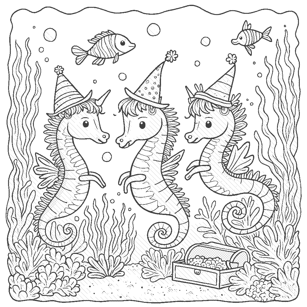 Coloring Page: Seahorse Parade - A whimsical underwater scene where a group of seahorses dressed in tiny costumes celebrate a parade. Colorful coral, fish friends, and a treasure chest add to the festive atmosphere.