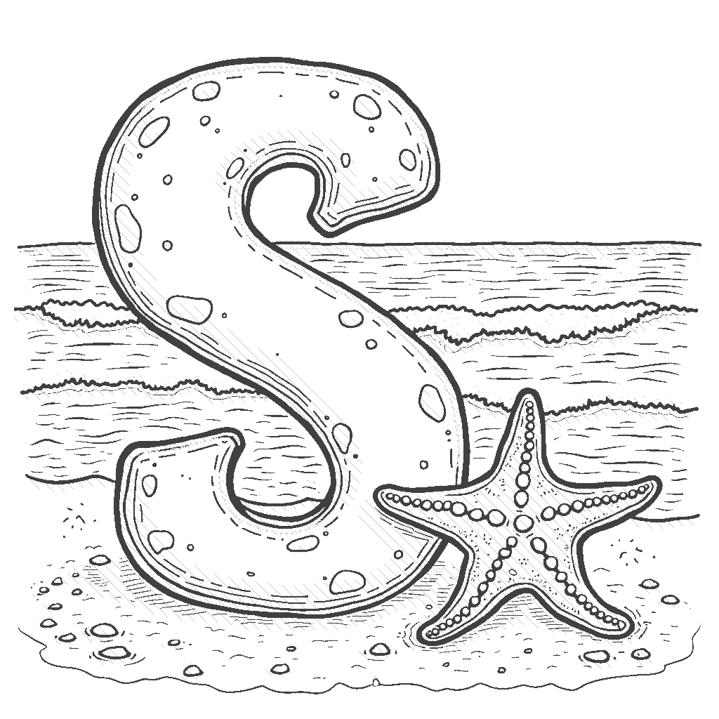 Coloring Page: Letter S with a Starfish - The letter S is drawn on a sandy beach next to a cute starfish, with gentle waves rolling in the background.