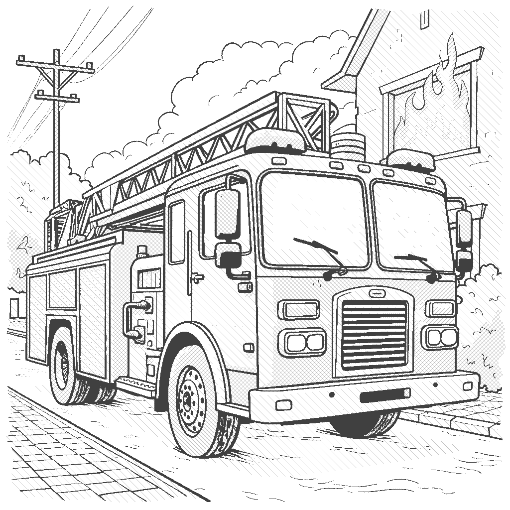 Coloring Page: Firefighter's Duty - A bold fire engine parked in front of a burning building, with a firefighter getting ready to respond.