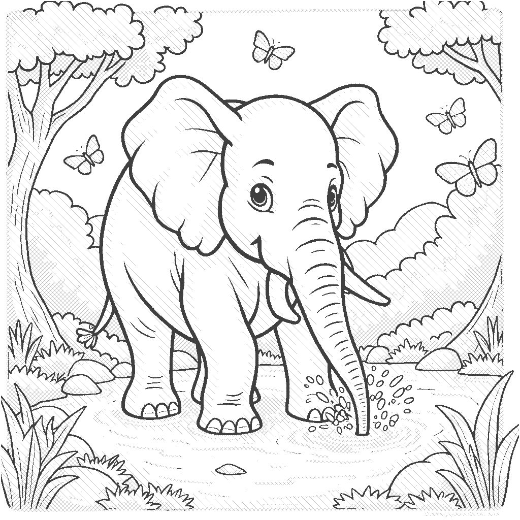 Coloring Page: Gentle Giant - An elephant playfully splashing water with its trunk in a river, surrounded by lush greenery and a few butterflies fluttering nearby.