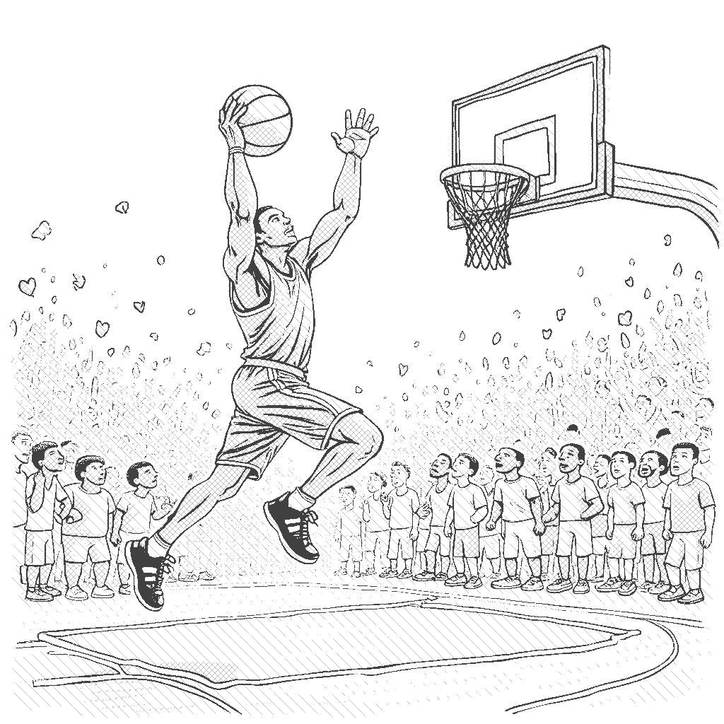 Coloring Page: The Basketball Player's Slam Dunk - A tall basketball player leaps in the air for a slam dunk on a vibrant basketball court, with a cheering crowd of animals in the background. Excitement is in the air as the ball heads towards the hoop.