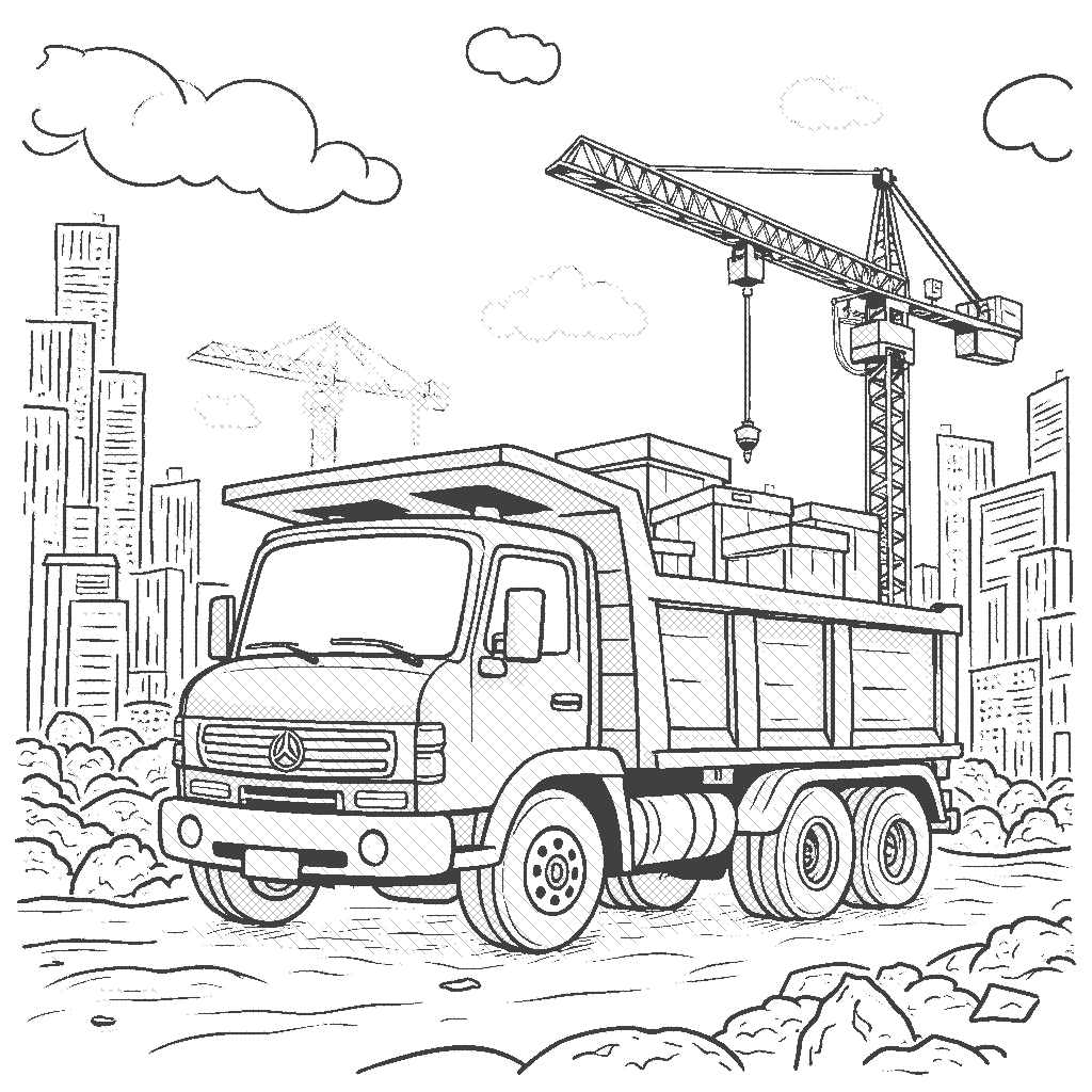 Coloring Page: Flatbed Truck at a Construction Site - A strong flatbed truck is delivering materials at a busy construction site, with cranes and workers in the background. The truck is filled with colorful building supplies, making a lively scene of construction activity.