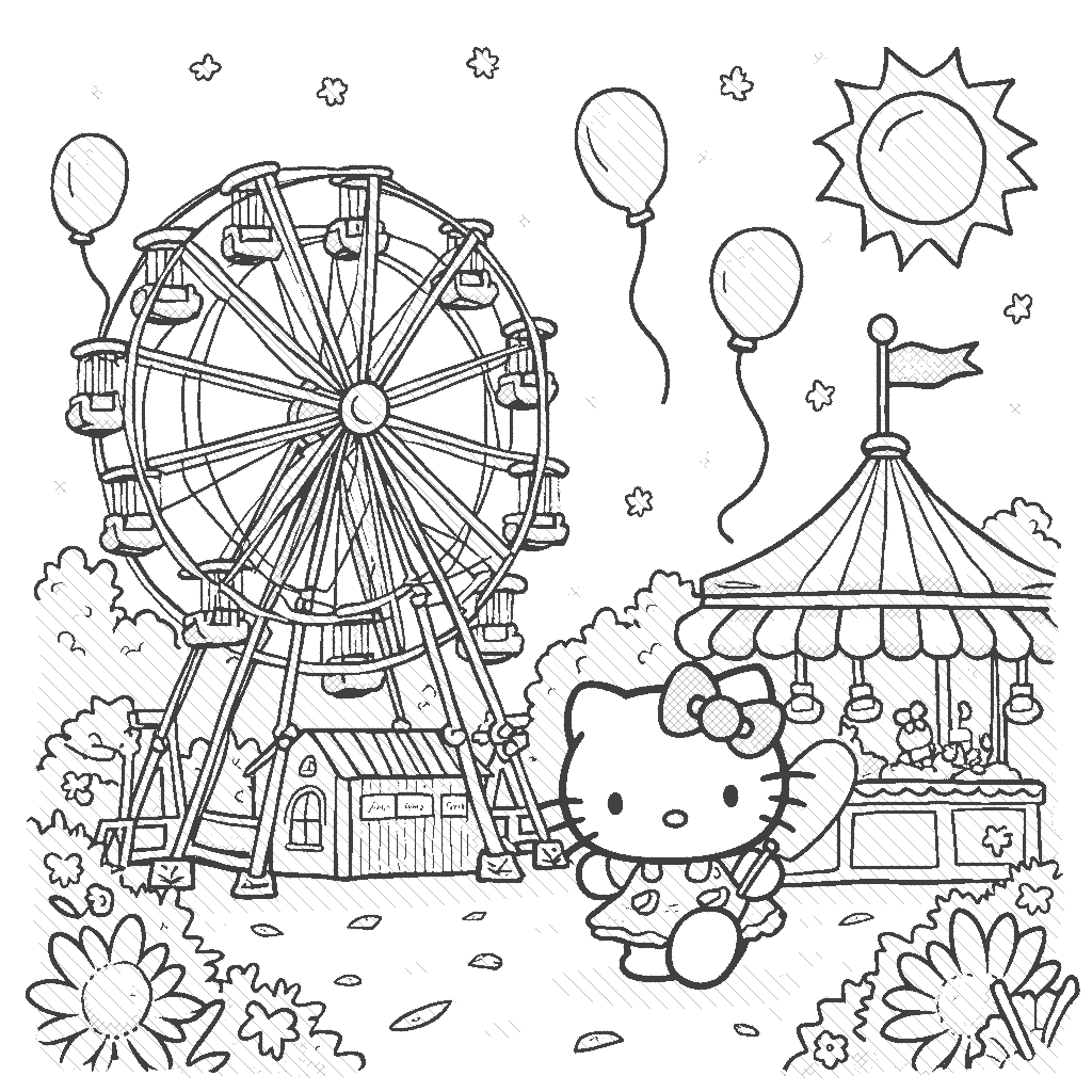 Coloring Page: Hello Kitty at a Summer Carnival - Hello Kitty is enjoying a summer carnival filled with fun rides and games. The scene is filled with bright, playful colors: the ferris wheel is painted in cheerful red, blue, and yellow, while balloons in various pastel shades float in the air. Hello Kitty is dressed in a cute yellow dress holding a rainbow-colored cotton candy. The stalls are decorated with stripes of red and white, and there are colorful lights twinkling all around in vibrant hues of purple, green, and gold.