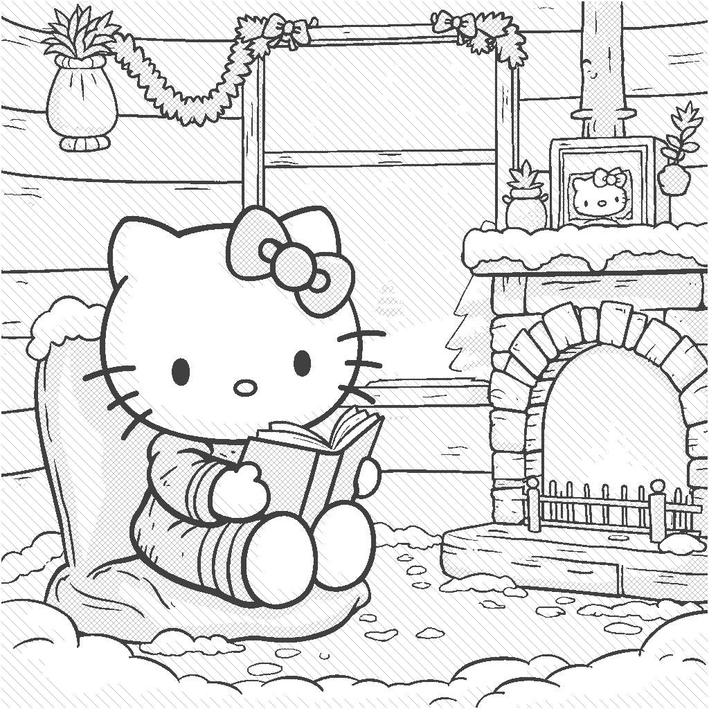 Coloring Page: Hello Kitty's Cozy Cabin - Hello Kitty is inside a cozy cabin, sitting by a warm fireplace lit with orange and yellow flames. The walls of the cabin are decorated with festive red and green decorations. Hello Kitty is reading a book while wearing a cute green and red striped sweater. Outside the window, you can see the blanket of white snow covering the trees and ground, contrasted by the soft golden glow of the cabin lights.