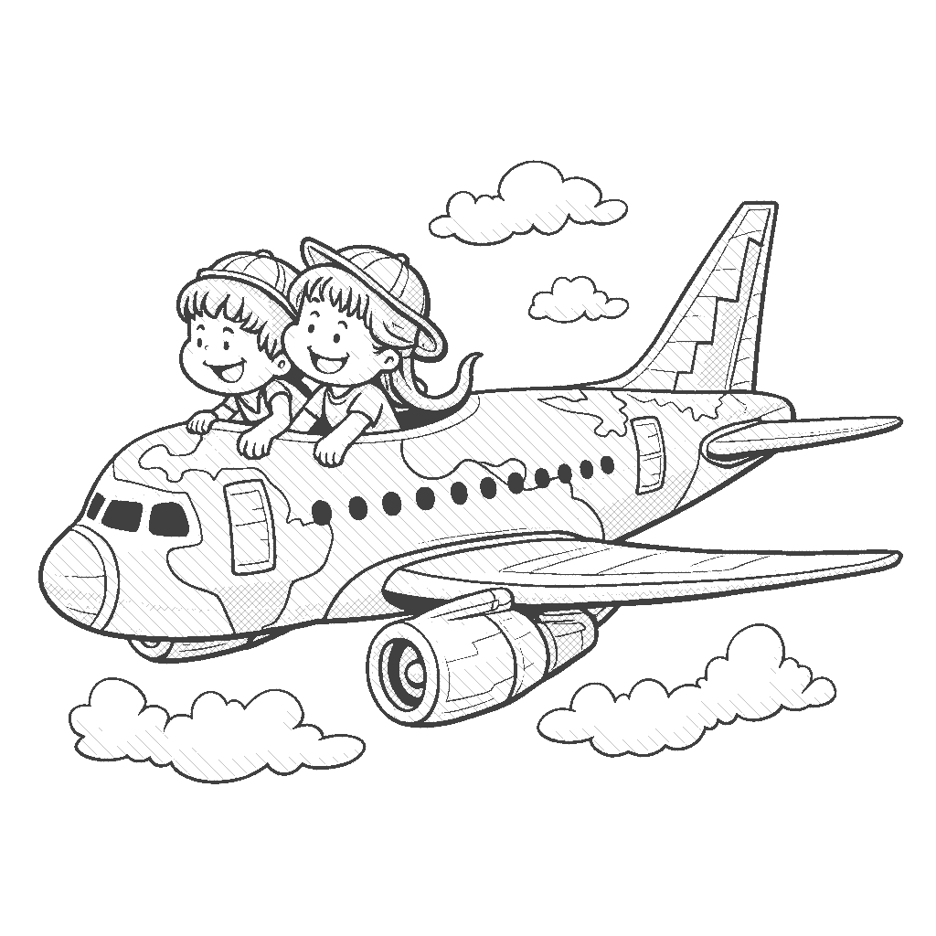 Coloring Page: Global Traveler - An airplane with a globe-shaped body, decorated with flags from different countries, soaring through a sunset view of famous landmarks below.