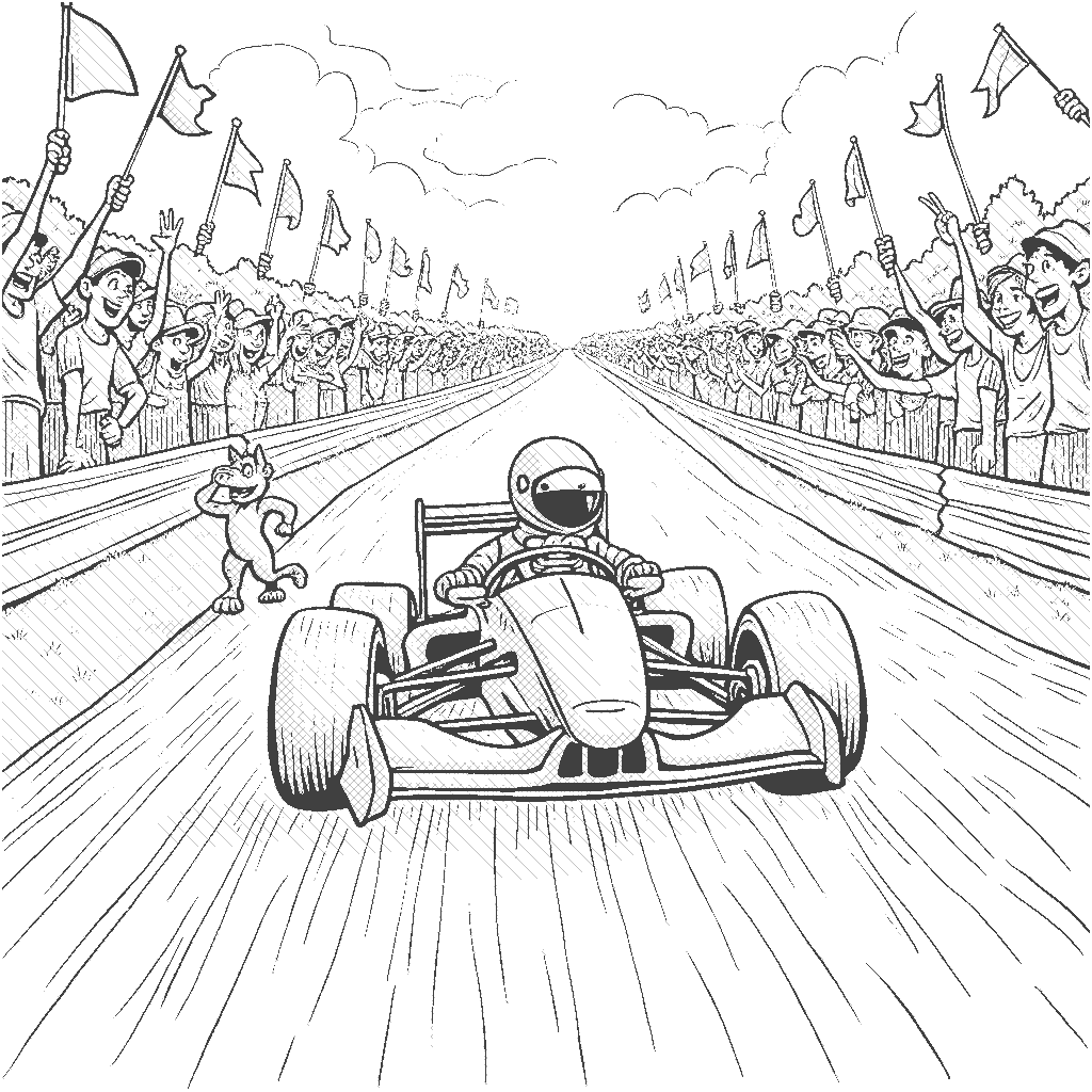 Coloring Page: Race Car Championship - A race car speeds around a colorful race track with excited fans waving flags, while a mongoose runs alongside the track cheering.