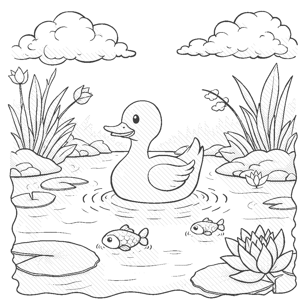 Coloring Page: Duck in a Pond - A duck swims peacefully in a pond surrounded by lily pads and clouds in the sky. Some fish can be seen swimming beneath the water surface.