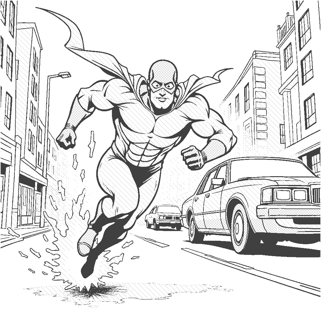 Coloring Page: The Lightning Flash - A speedy superhero in a bright yellow costume races down a city street, leaving a trail of lightning behind him. Cars stop in awe as he zooms by, barely visible to the naked eye.