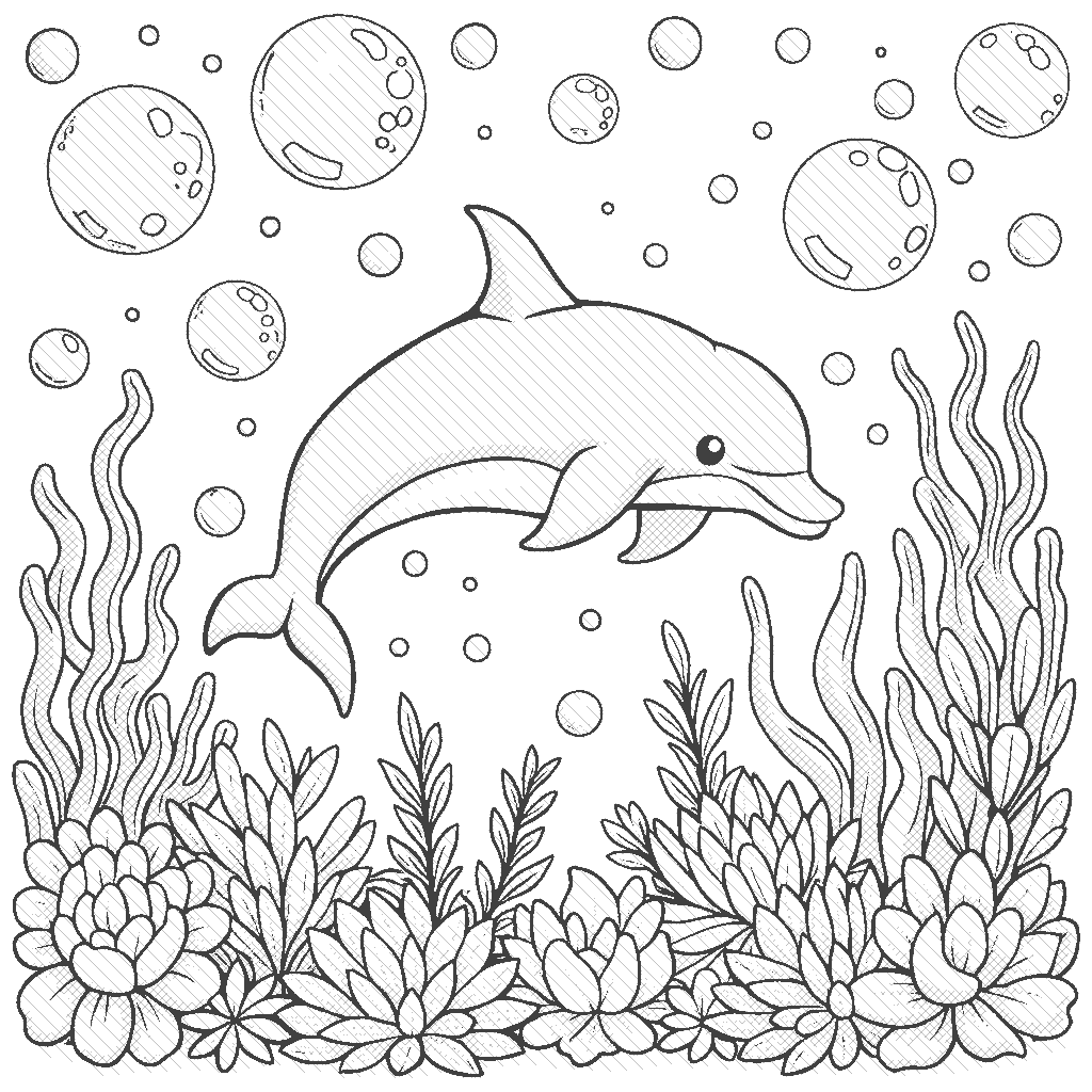 Coloring Page: Dolphin in a Bubble World - A dolphin floating through giant colorful bubbles, with whimsical patterns and lights shimmering all around in an underwater carnival.