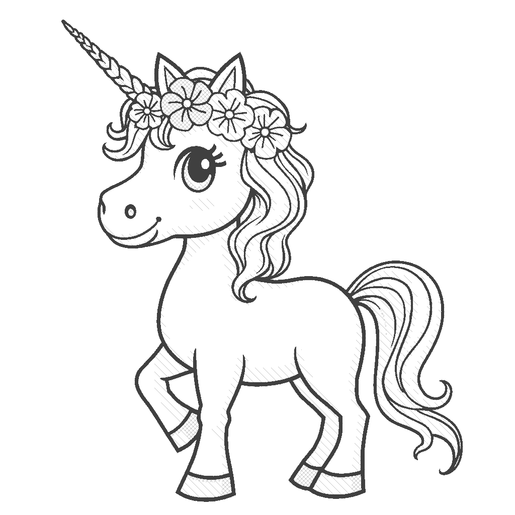 Coloring Page: Unicorn with a Flower Crown - A unicorn adorned with a beautiful crown made of wildflowers, standing gracefully in a sunlit meadow.