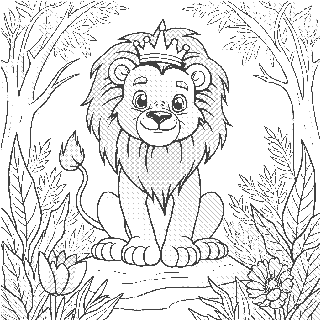 Coloring Page: Lion's Royal Portrait - A majestic scene with a lion sitting proudly on a rock, wearing a crown and surrounded by a regal jungle backdrop, as if posing for a royal portrait.