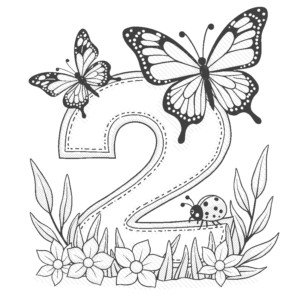 Coloring Page: Number 2 with two butterflies - Illustrate the number 2 along with two colorful butterflies fluttering above it. Add a friendly ladybug sitting on the number as a cute detail.