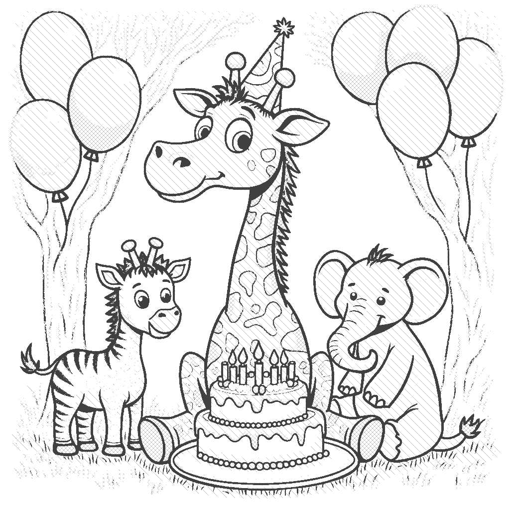 Coloring Page: Giraffe's Birthday Party - A cheerful giraffe wearing a party hat, surrounded by colorful balloons and a big cake under a tree in the savanna, with friends like a zebra and an elephant joining the fun.