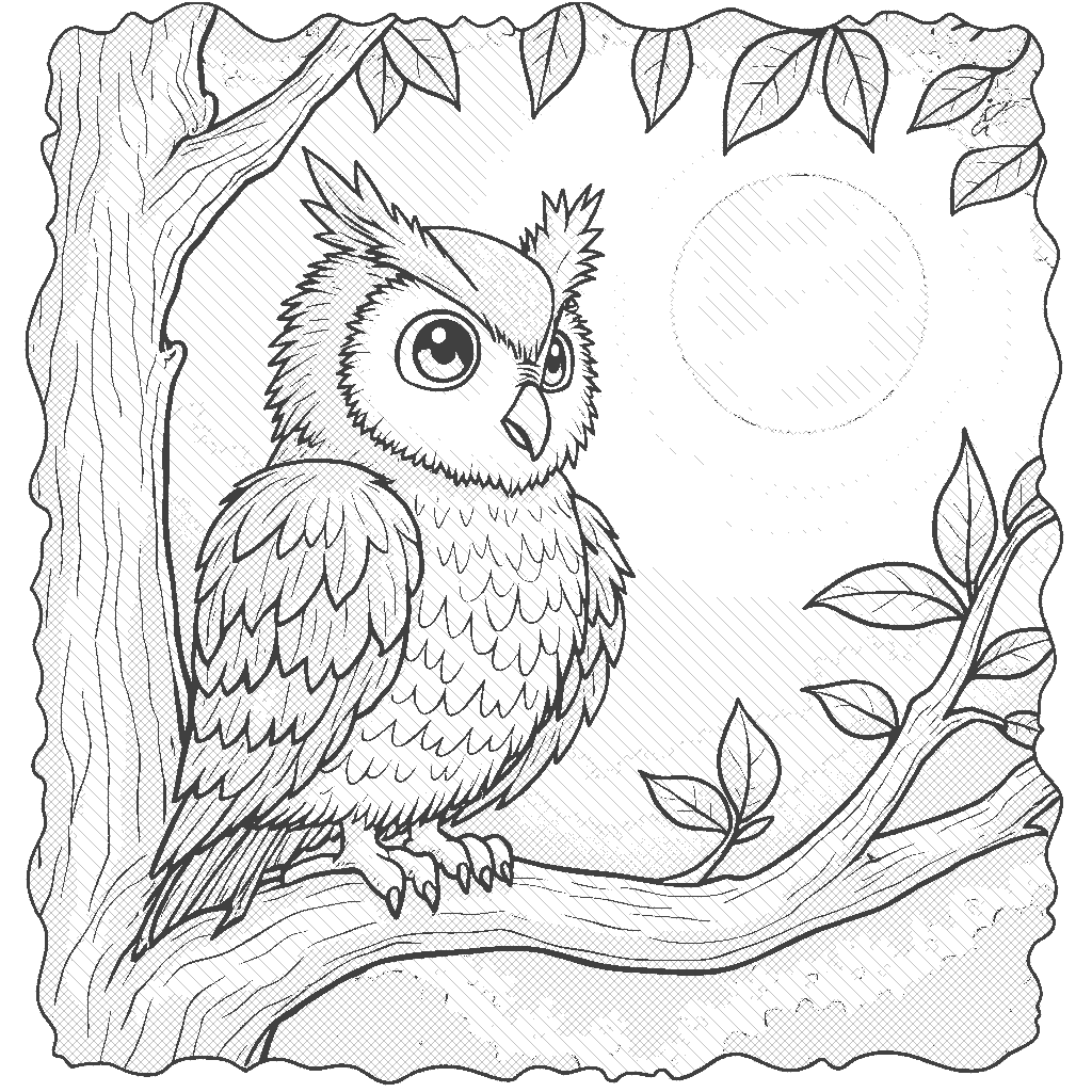 Coloring Page: Owl on a Branch - An owl perches on a tree branch at dusk, looking out into the forest, with the moon shining brightly in the night sky behind it.