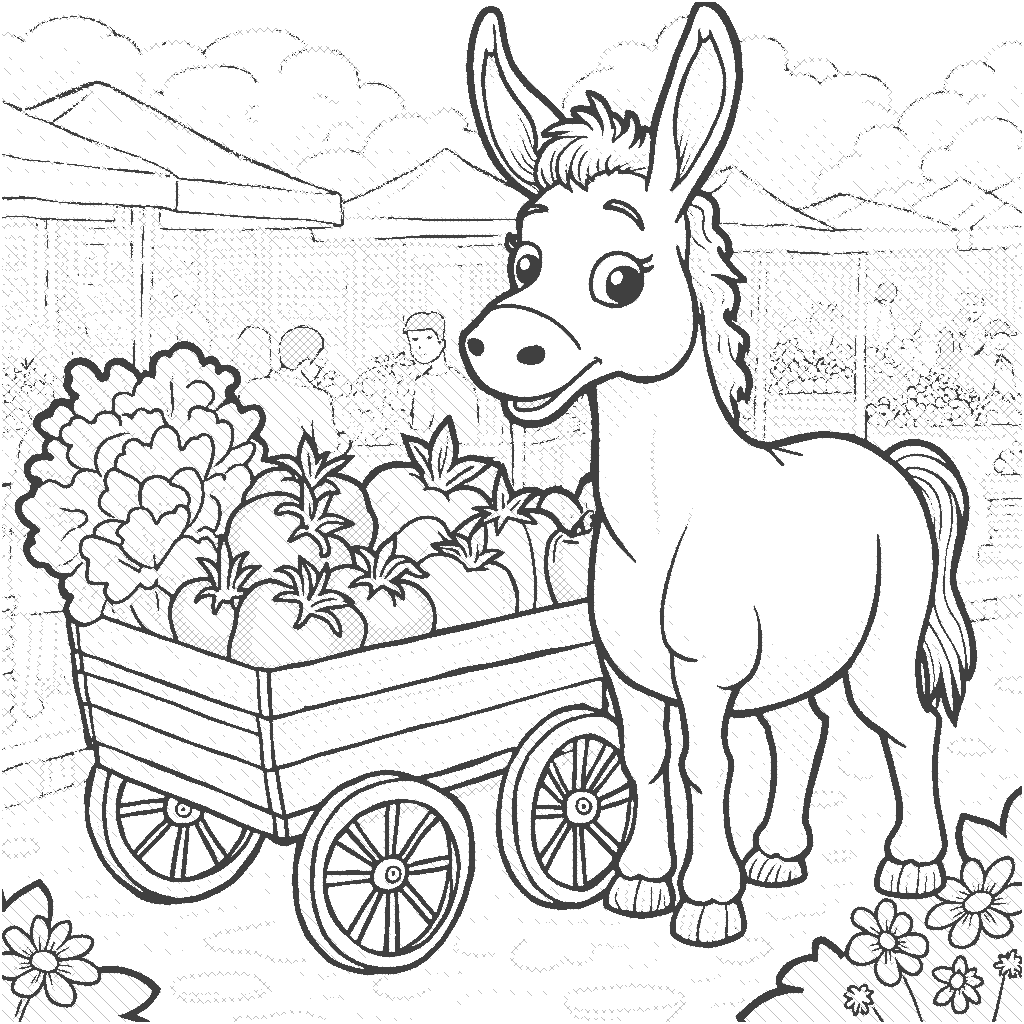 Coloring Page: Donkey at the Farmer's Market - A cheerful donkey standing next to a colorful cart filled with fresh fruits and vegetables at a bustling farmer's market. Various stalls can be seen in the background, with people buying produce. Bright flowers decorate the scene, adding to the festive atmosphere.