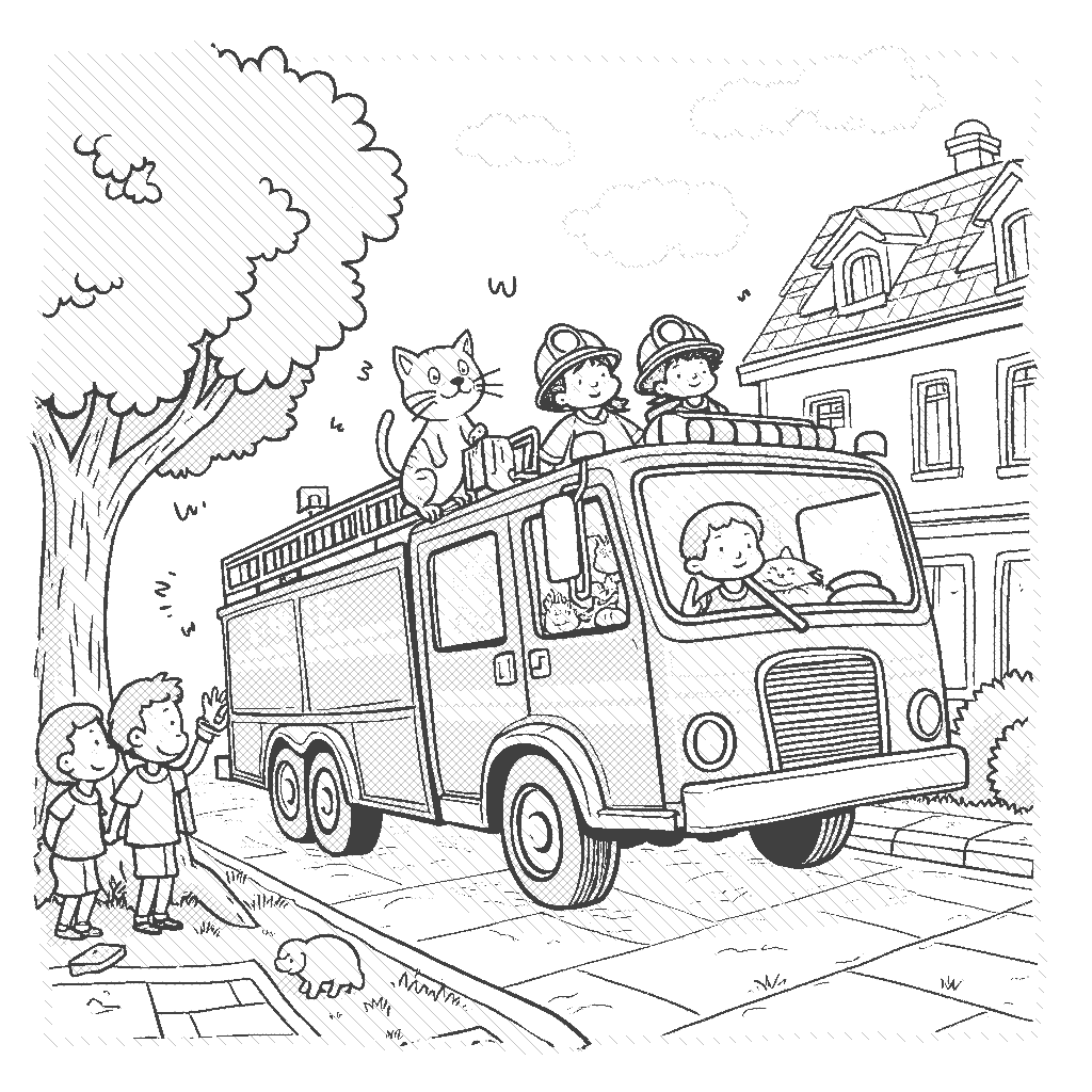 Coloring Page: Fire Engine Rescue - A bright red fire engine zooming down the street with firefighters getting ready to help a cat stuck in a tree, with children cheering them on.