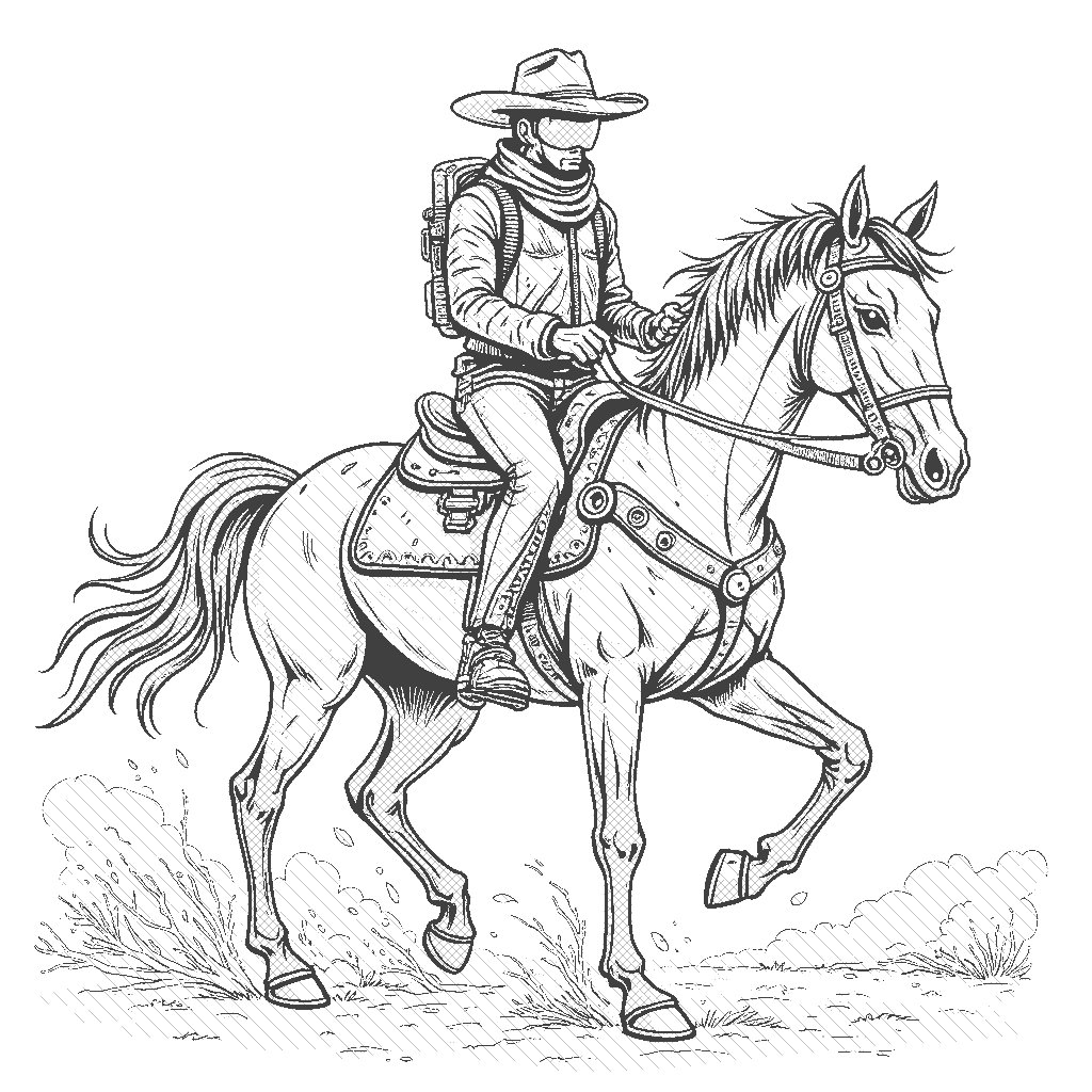 Coloring Page: Space Cowboy Horse - A futuristic cowboy riding a techno-horse amid a swirling galaxy filled with vibrant planets, glowing stars, and neon constellations.