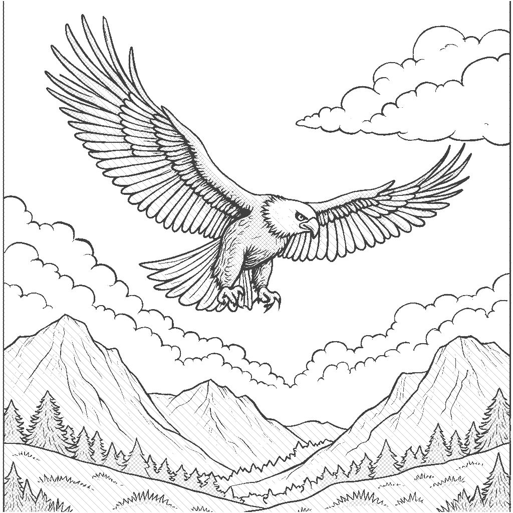 Coloring Page: Hawk Flying Above Mountains - A majestic hawk soars through the clear blue sky above a range of rugged mountains, with clouds floating softly in the background.