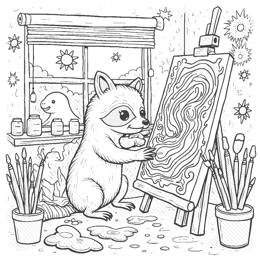 Coloring Page: The Artist's Magical Studio - An imaginative artist's studio brimming with colorful paints, brushes, and whimsical canvases. The artist is a friendly raccoon happily painting a giant masterpiece with colorful swirls and patterns, while a curious manatee peeks in through the window, eager to see what's being created!