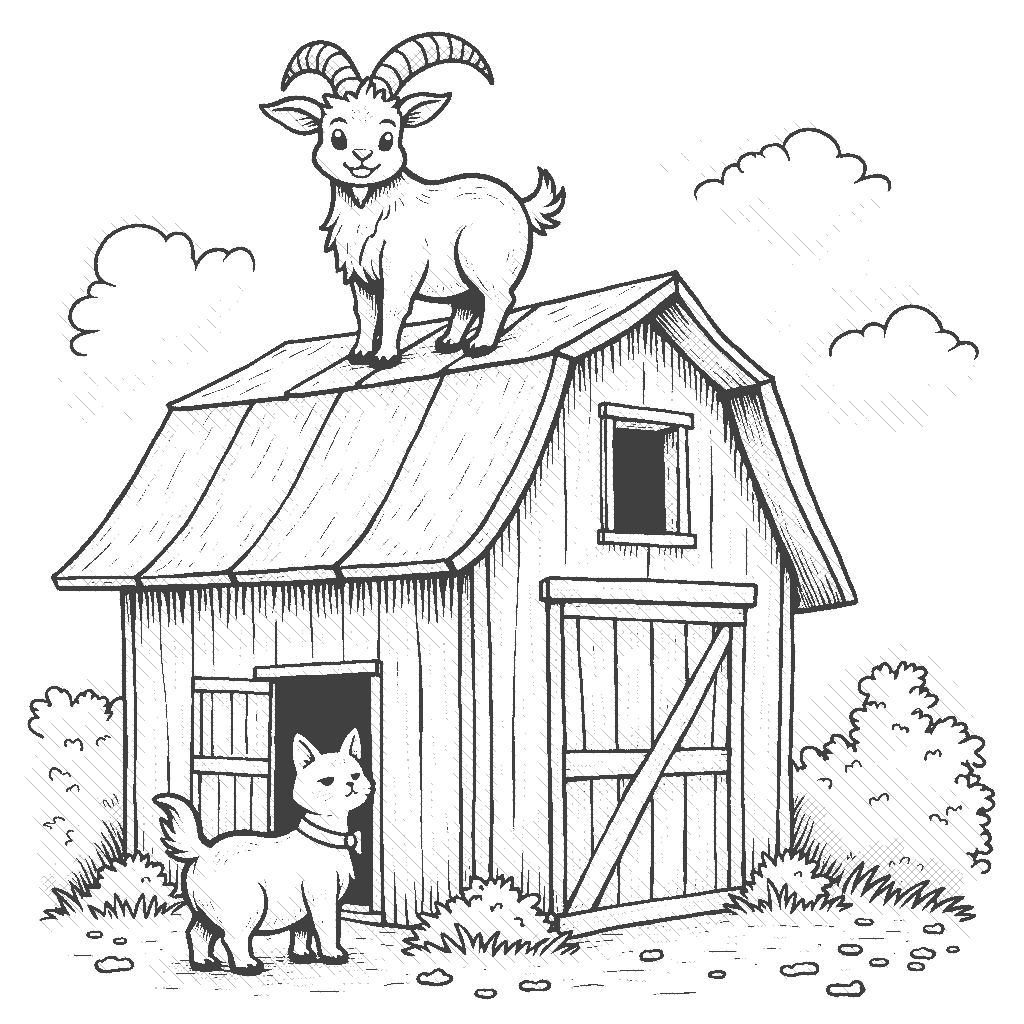 Coloring Page: Goat on the Roof - A playful goat standing on the roof of a barn, looking down with a mischievous grin. Below, a curious cat watches in awe, wondering how the goat got up there.