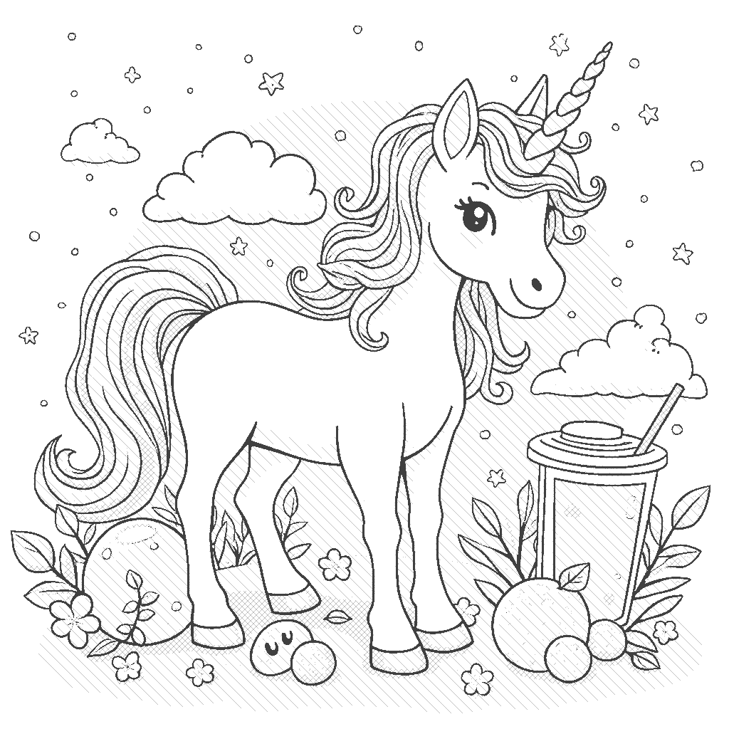 Coloring Page: Unicorn in a Bubble Tea World - A whimsical unicorn surrounded by giant bubble tea cups, floating boba balls, and colorful straws in a playful landscape.