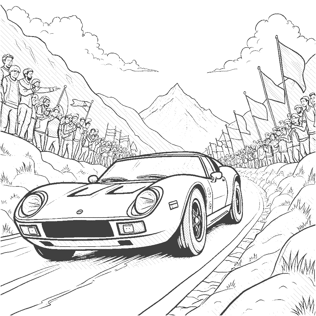 Coloring Page: Sports Car Race - A sleek sports car speeds down a winding mountain road, with flags waving in the background and cheering spectators along the route.